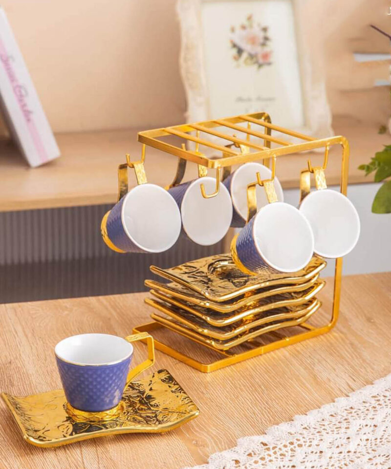 طقم قهوة بورسلين بحامل (blue)